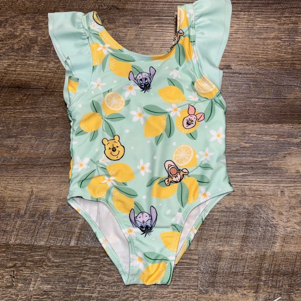 Disney Baby Winnie the Pooh Lemon Print Ruffle One Piece Swimsuit Mint Green 18M